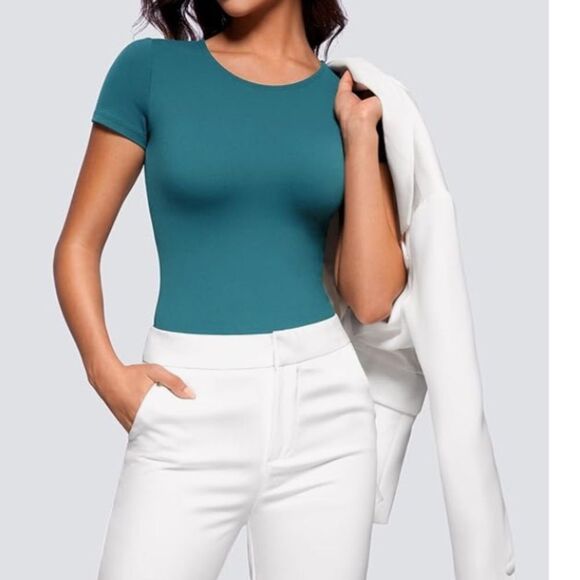 CRZ YOGA Cotton Crew Neck Short Sleeves Bodysuit, Borealis Green, Small, NWT - Picture 1 of 9